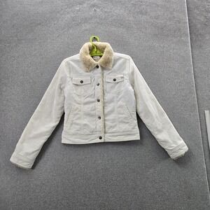 Roxy Women Jacket M White Plaid Sherpa Lined Corduroy Button Long Sleeve Logo